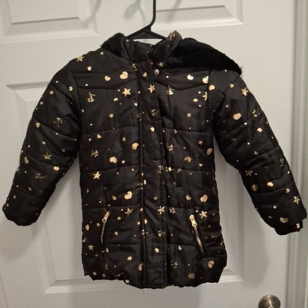 3/$15 Betsey Johnson Sz 6 Girls Black Gold Hooded Quilted‎ Stars Puffer Jacket